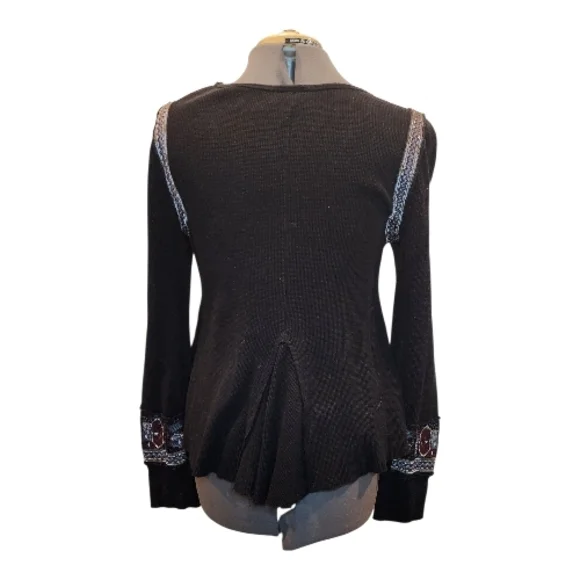 Free People Marion Black and Burgundy Embroidered Thermal Long Sleeve Top Large - Picture 5 of 7